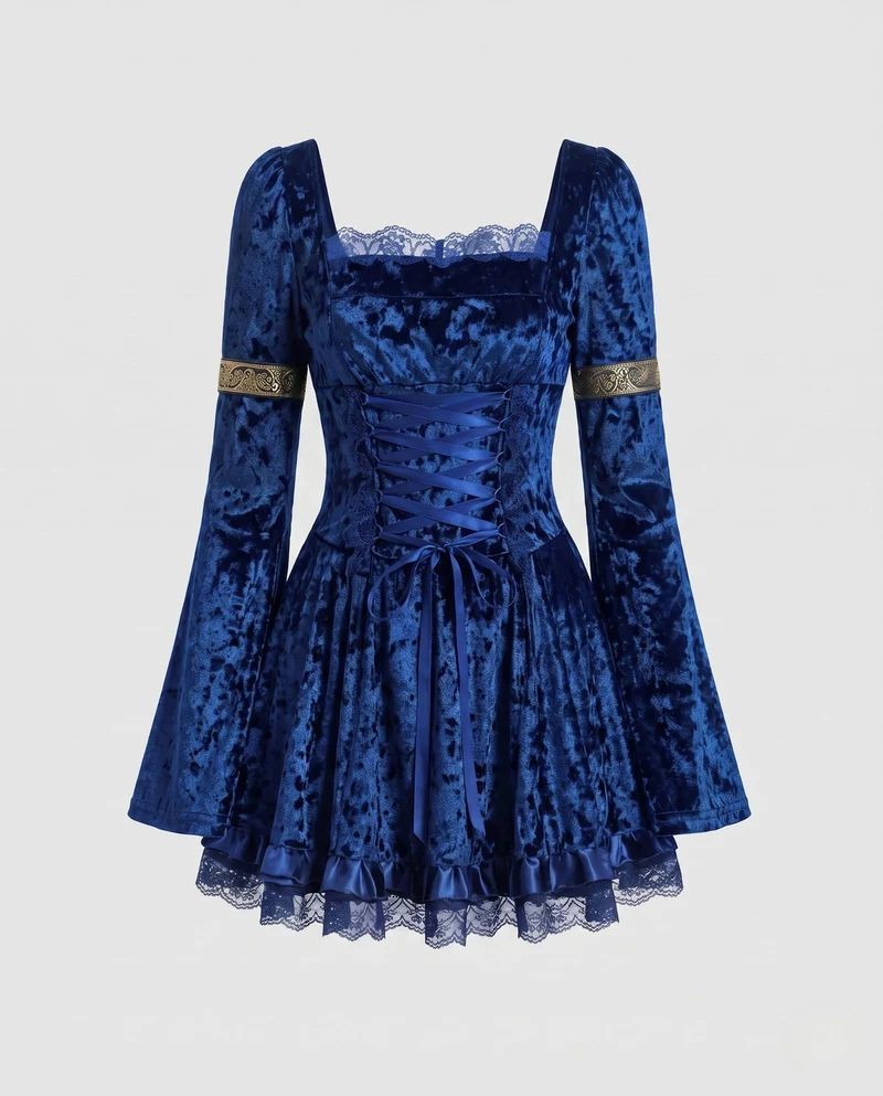 Damen Gothic Kleid mit Spitzenverzierungen und detailreicher Schnürung Drune