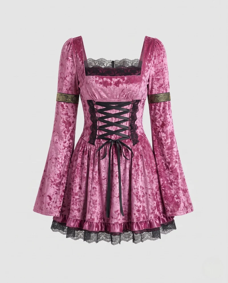 Damen Gothic Kleid mit Spitzenverzierungen und detailreicher Schnürung Drune