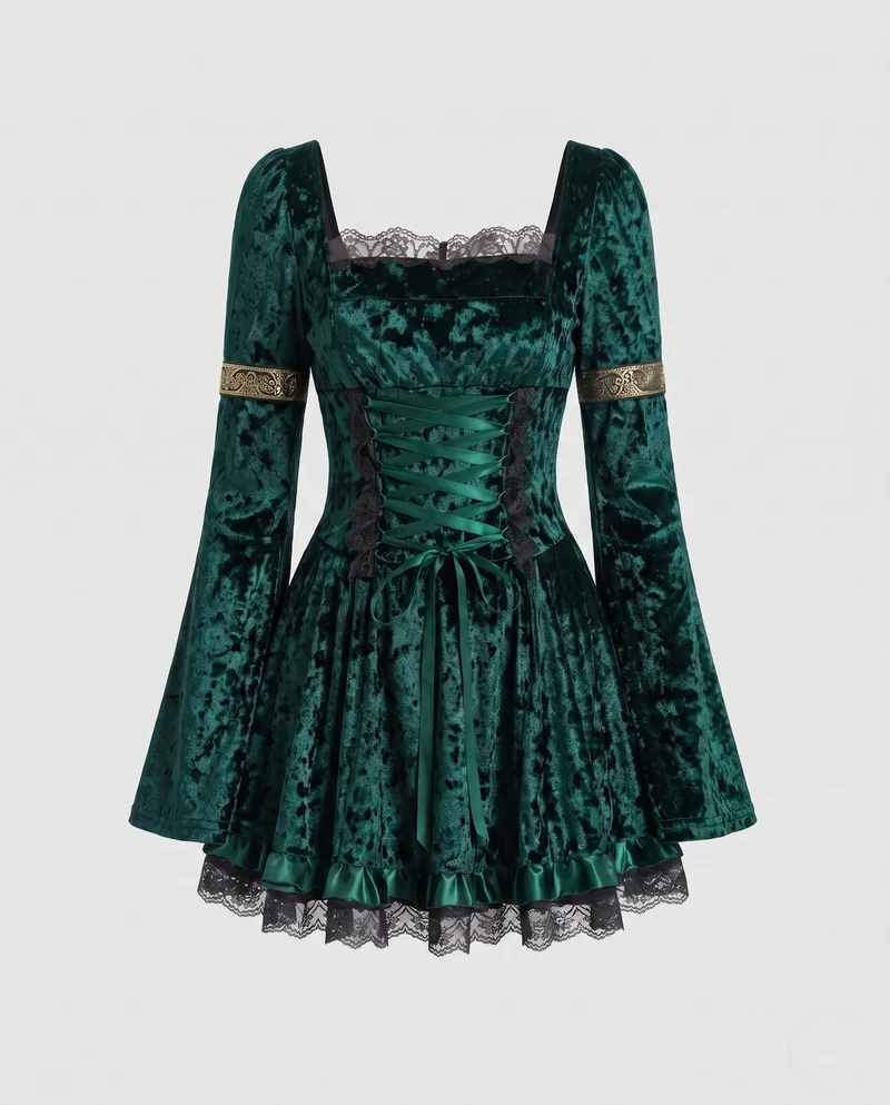 Damen Gothic Kleid mit Spitzenverzierungen und detailreicher Schnürung Drune