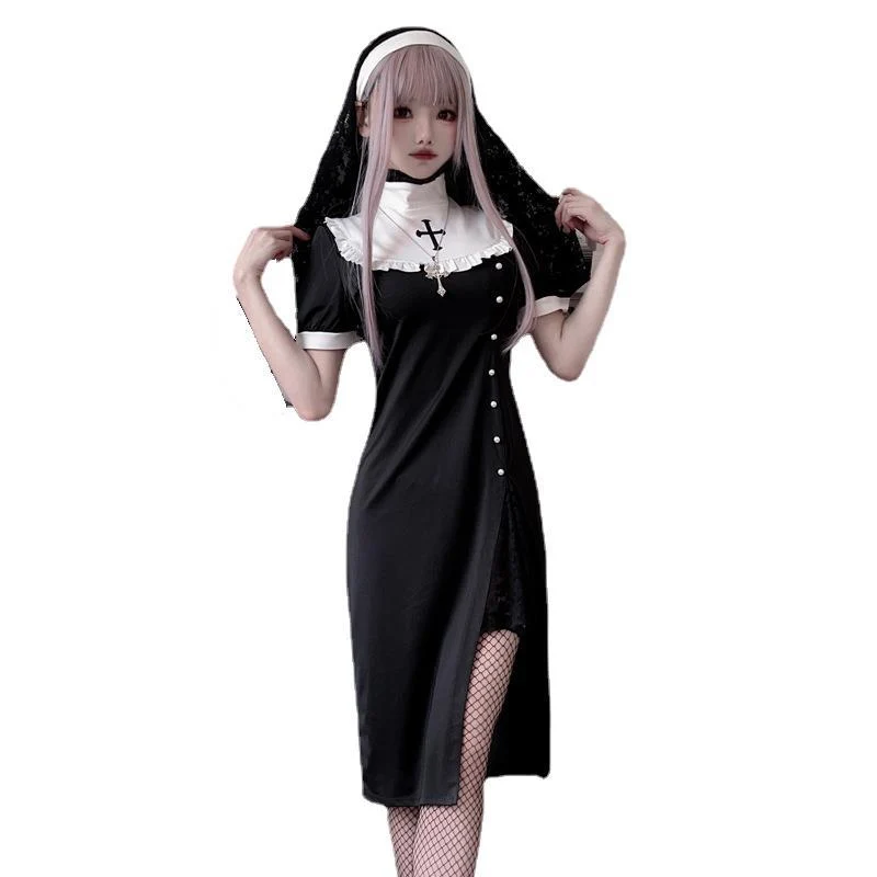 Damen Gothic Nonnenkostüm mit transparenten Spitzenärmeln und Kreuzdetails Drune
