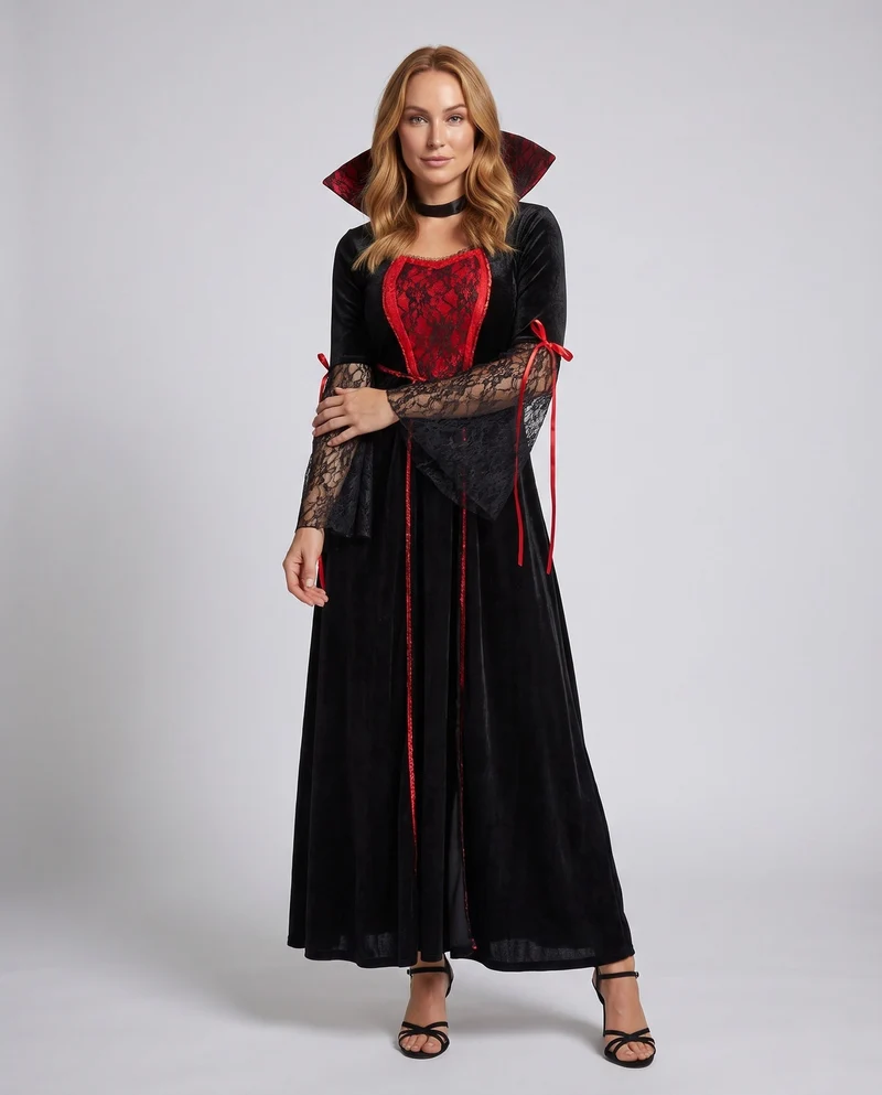 Damen Gothic Vampir-Halloween Kleid mit Spitzenärmel und schickem Umhang Drune