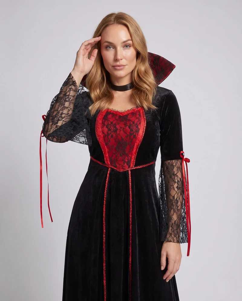 Damen Gothic Vampir-Halloween Kleid mit Spitzenärmel und schickem Umhang Drune