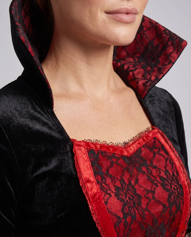 Damen Gothic Vampir-Halloween Kleid mit Spitzenärmel und schickem Umhang Drune