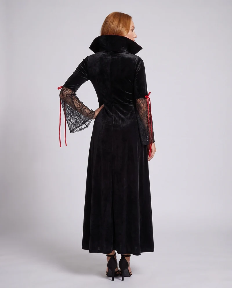 Damen Gothic Vampir-Halloween Kleid mit Spitzenärmel und schickem Umhang Drune