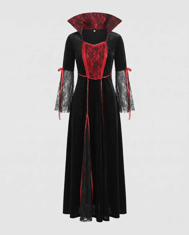 Damen Gothic Vampir-Halloween Kleid mit Spitzenärmel und schickem Umhang Drune