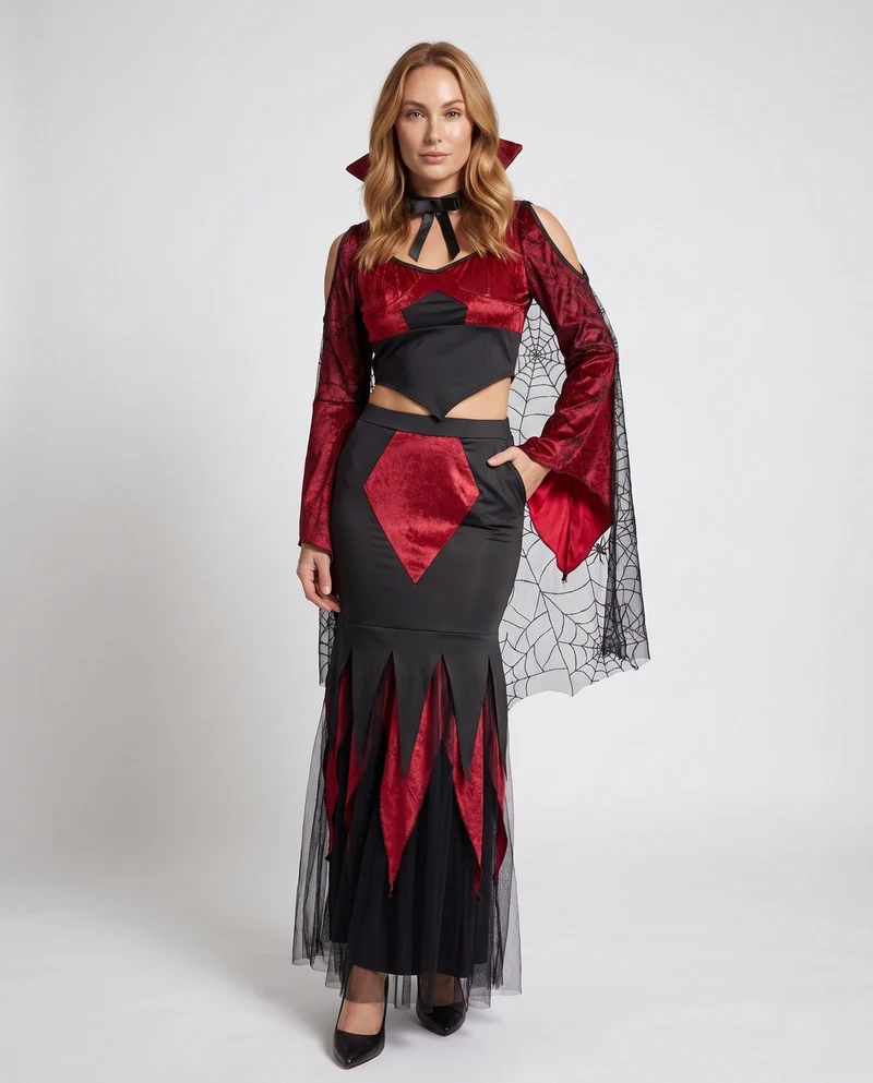 Damen Gothic Vampirkleid mit transparenten Tüllärmel und dramatischem Schlitz Drune