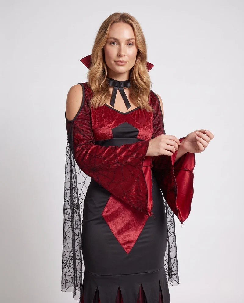 Damen Gothic Vampirkleid mit transparenten Tüllärmel und dramatischem Schlitz Drune