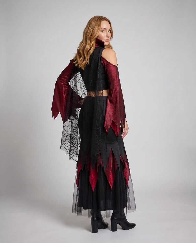 Damen Gothic Vampirkleid mit transparenten Tüllärmel und dramatischem Schlitz Drune