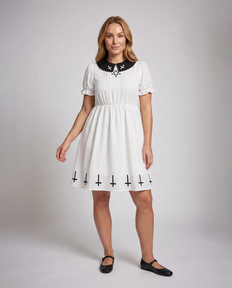 Damen Gothisches Kleid mit Kragen und Symbol-Motiv Drune