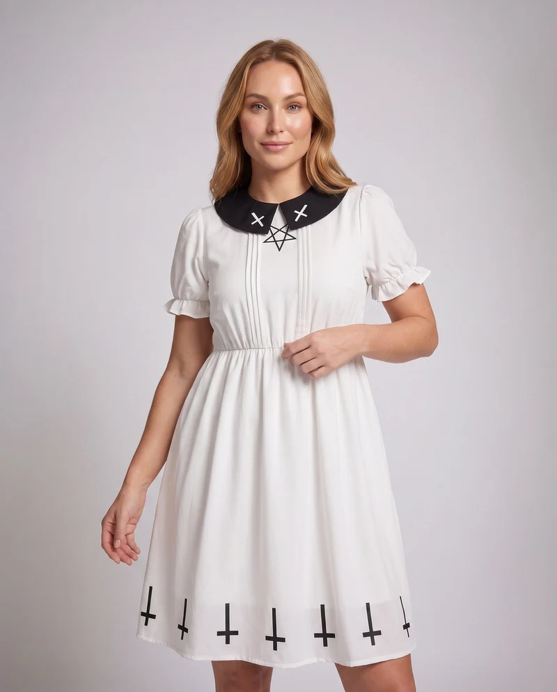 Damen Gothisches Kleid mit Kragen und Symbol-Motiv Drune