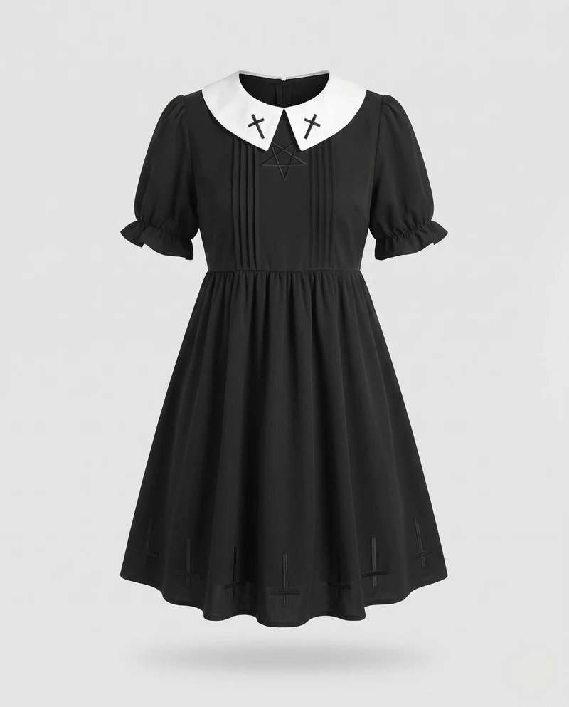 Damen Gothisches Kleid mit Kragen und Symbol-Motiv Drune