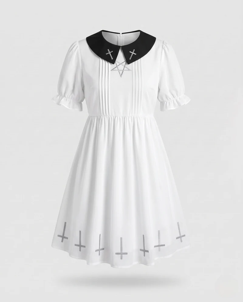 Damen Gothisches Kleid mit Kragen und Symbol-Motiv Drune