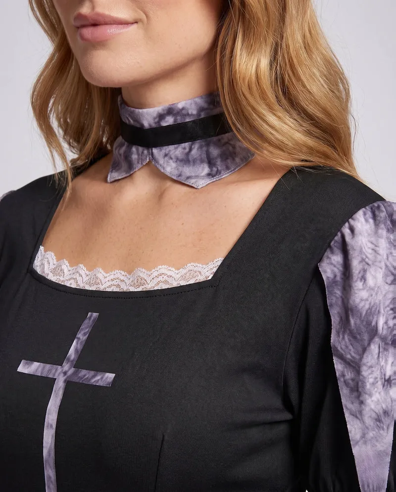 Damen Gruselige Nonne Kostüm mit Spitzenärmel und Tüll-Details Drune