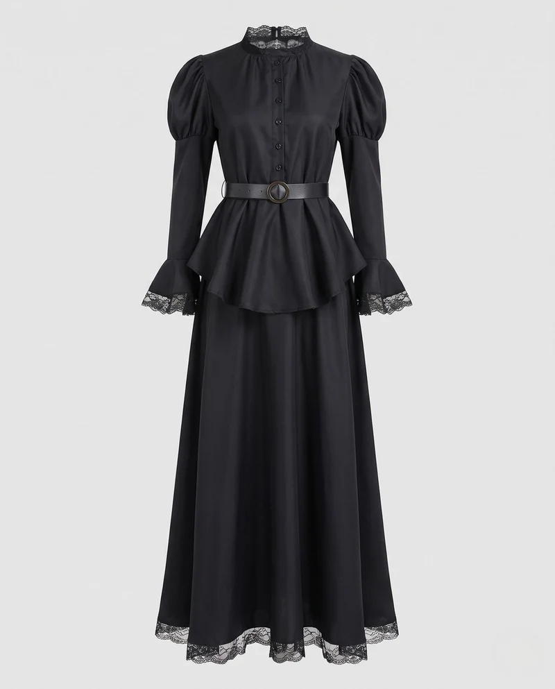 Damen Hexenkleid mit weitem Rock und Spitzenverzierungen Drune
