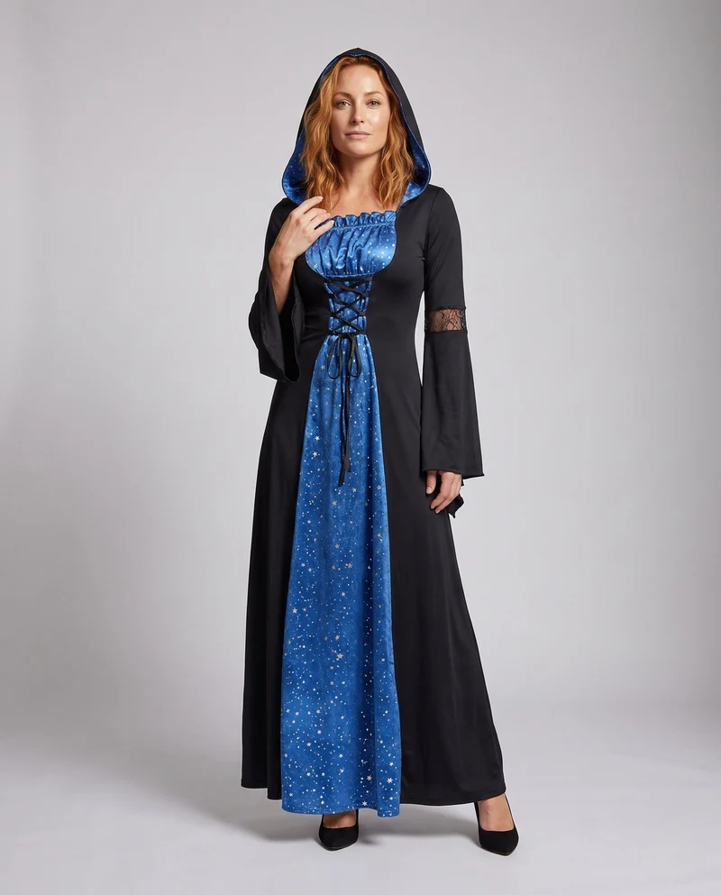 Damen Hexenkostüm mit elegantem Spitzenüberrock und voluminösen Ärmeln Drune