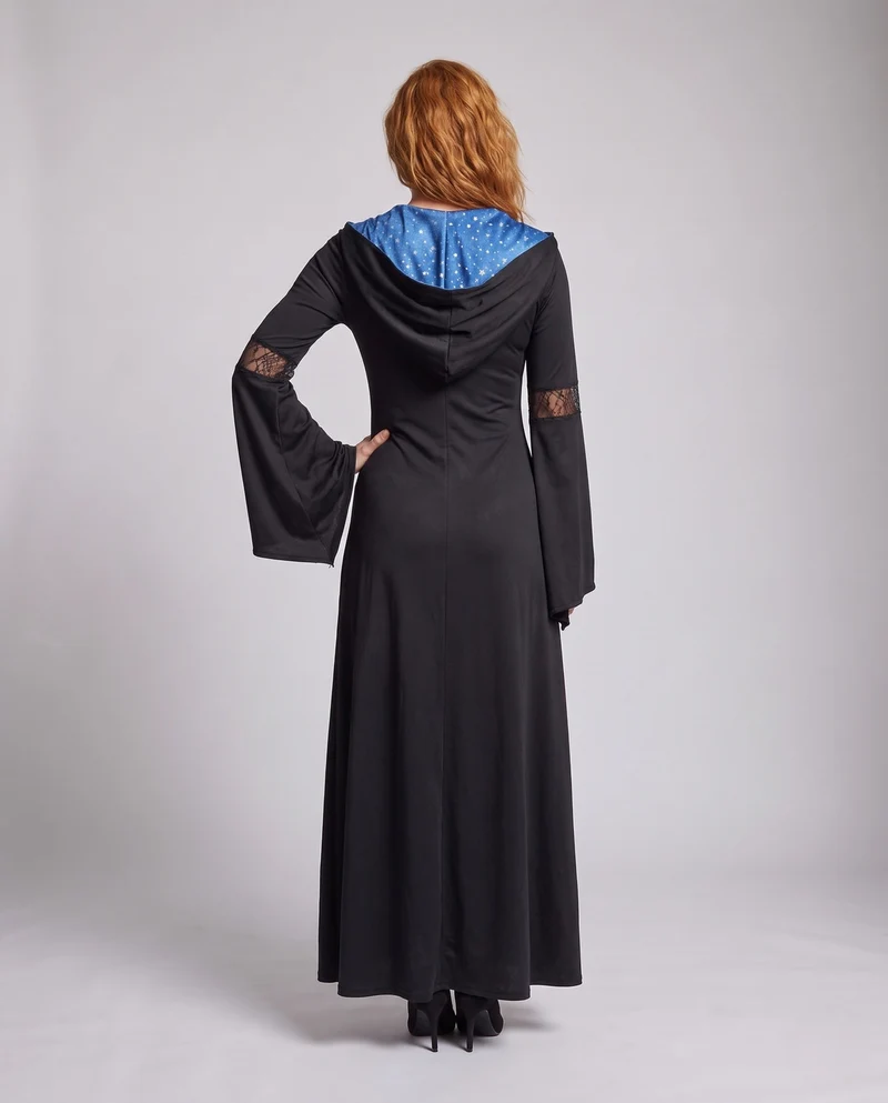 Damen Hexenkostüm mit elegantem Spitzenüberrock und voluminösen Ärmeln Drune