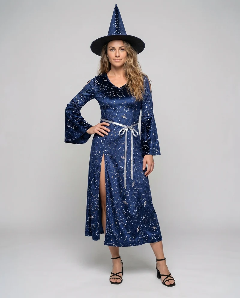 Damen Hexenkostüm mit tiefem Schlitz und eleganten Tüllärmeln Drune