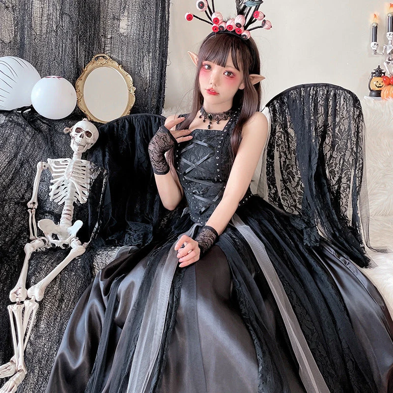 Damen Hexenkostüm mit Tüllrock und eleganten Spitzenakzenten Drune