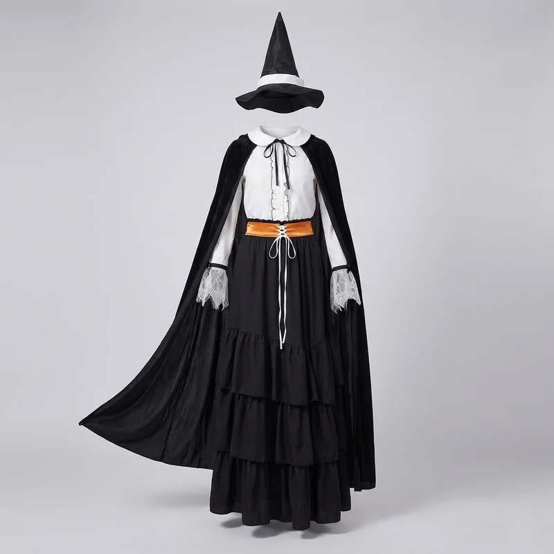 Damen Hexenkostüm mit voluminösem Cape und detailreicher Bluse Drune
