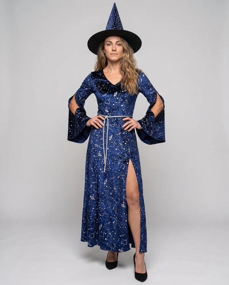 Damen Hexenrobe mit langer Schleppe und glitzernden Sternenmotiven Drune