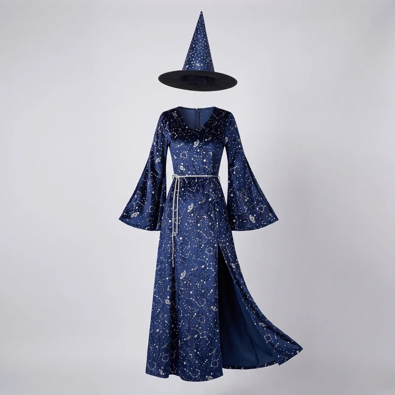 Damen Hexenrobe mit langer Schleppe und glitzernden Sternenmotiven Drune