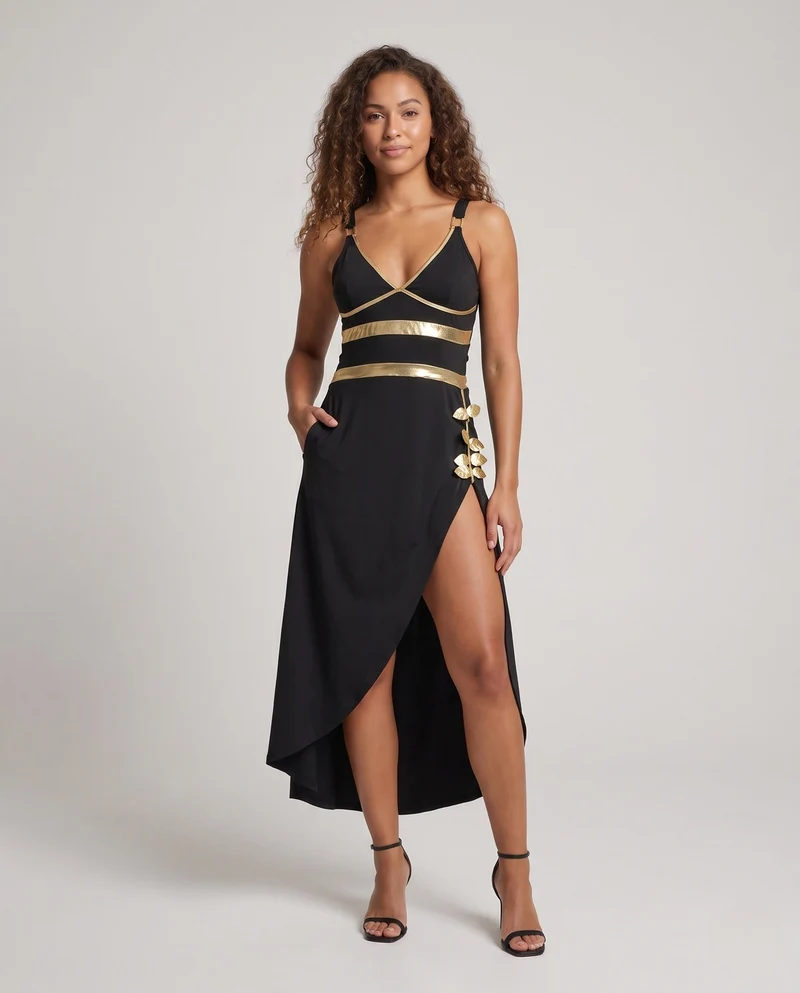 Damen Kostümkleid mit hohem Schlitz und goldenen Akzenten Drune