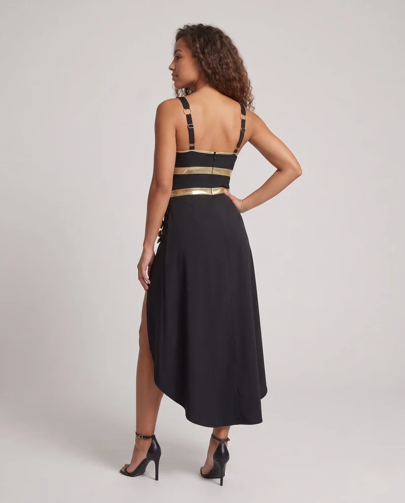 Damen Kostümkleid mit hohem Schlitz und goldenen Akzenten Drune