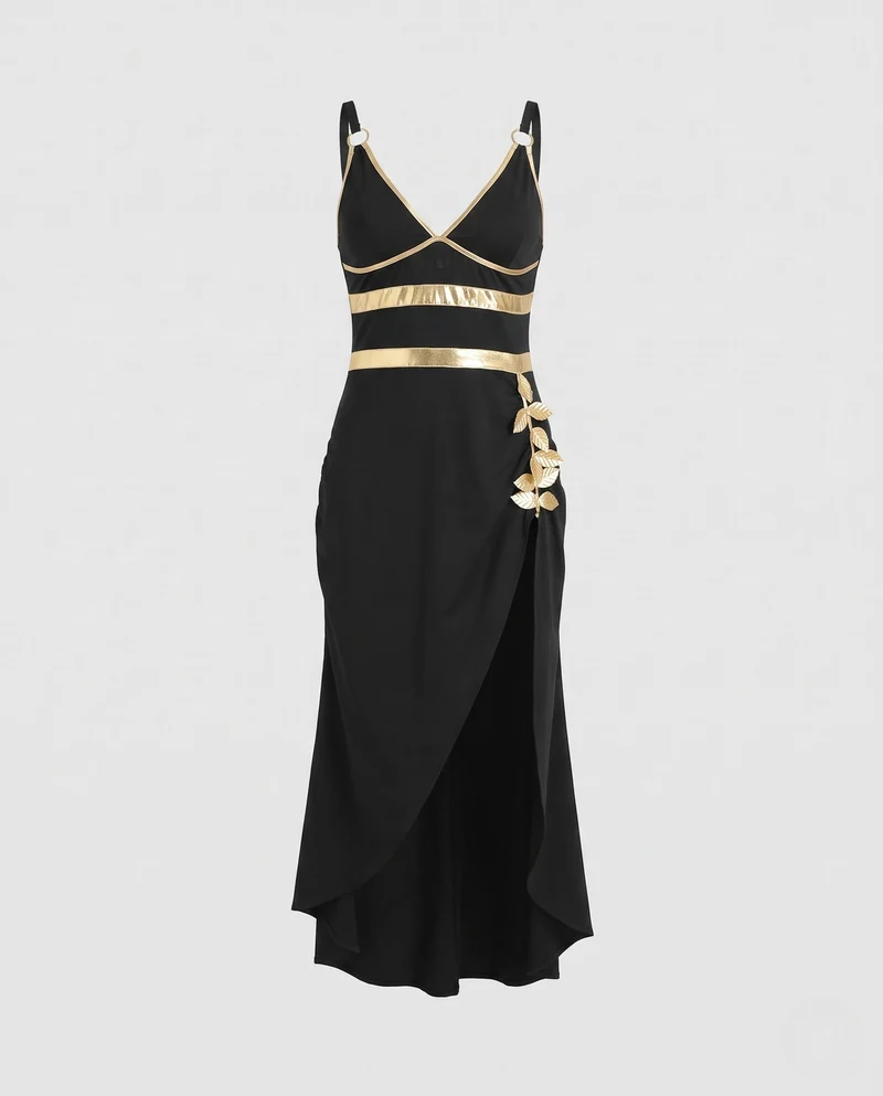 Damen Kostümkleid mit hohem Schlitz und goldenen Akzenten Drune