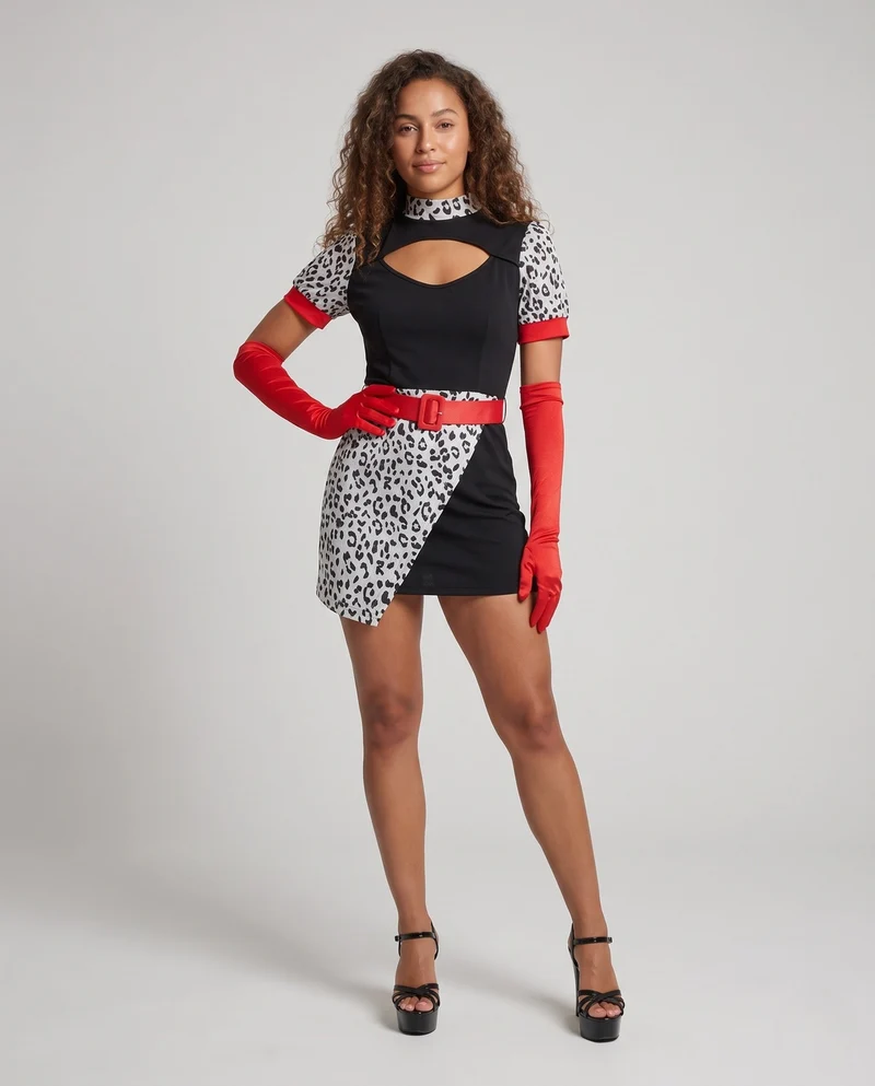 Damen Kostümkleid mit Leo-Muster und roten Akzenten Drune