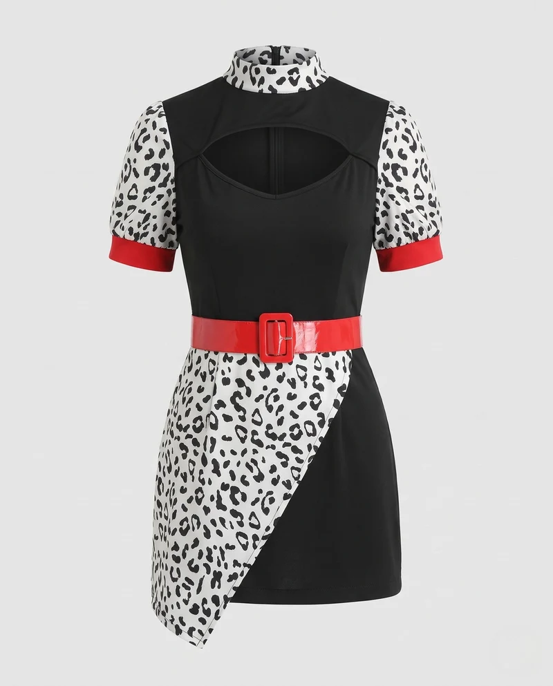 Damen Kostümkleid mit Leo-Muster und roten Akzenten Drune