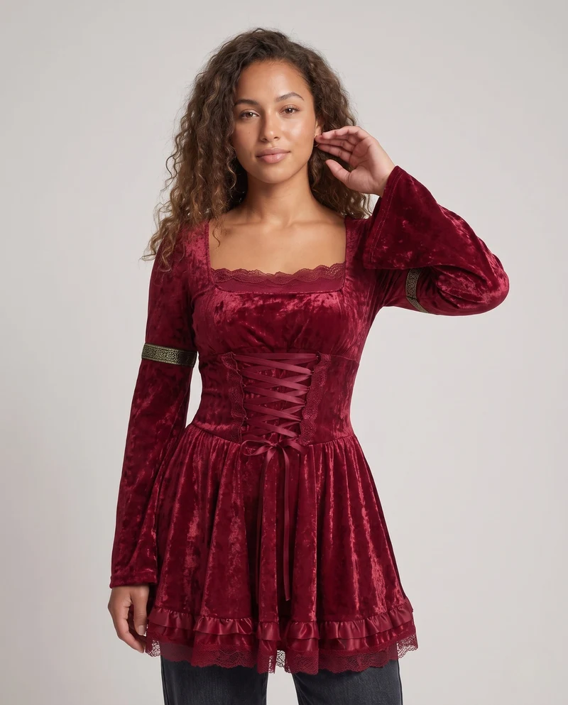 Damen Kostümkleid mit Spitzenverzierungen und weiten Ärmeln Drune