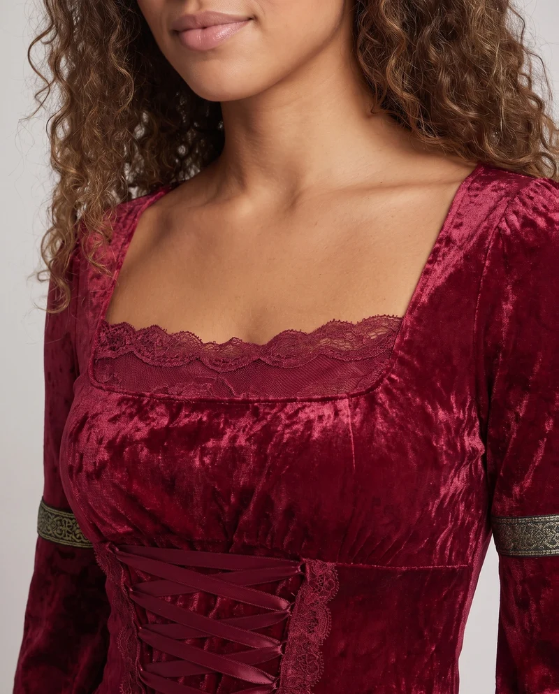 Damen Kostümkleid mit Spitzenverzierungen und weiten Ärmeln Drune