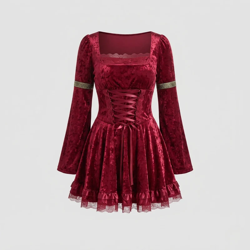 Damen Kostümkleid mit Spitzenverzierungen und weiten Ärmeln Drune