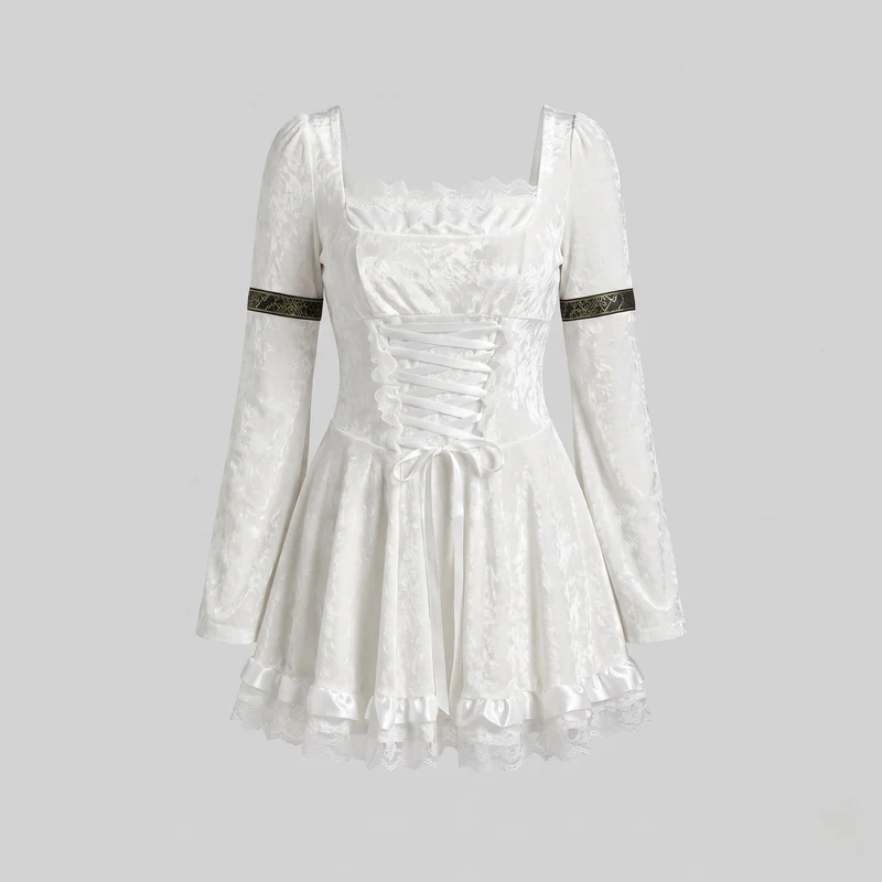 Damen Kostümkleid mit Spitzenverzierungen und weiten Ärmeln Drune
