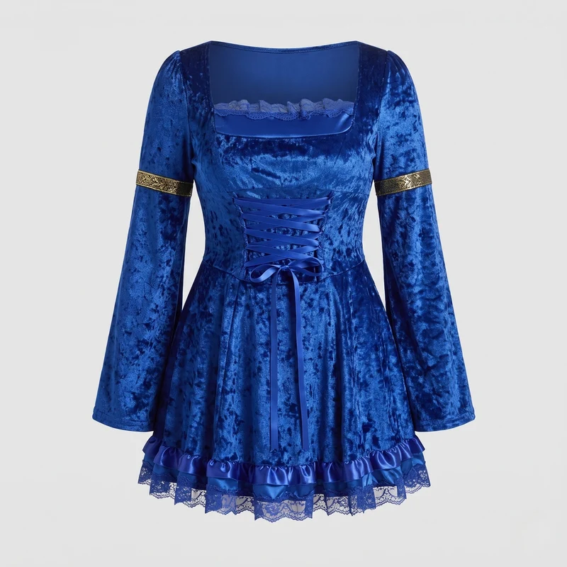 Damen Kostümkleid mit Spitzenverzierungen und weiten Ärmeln Drune