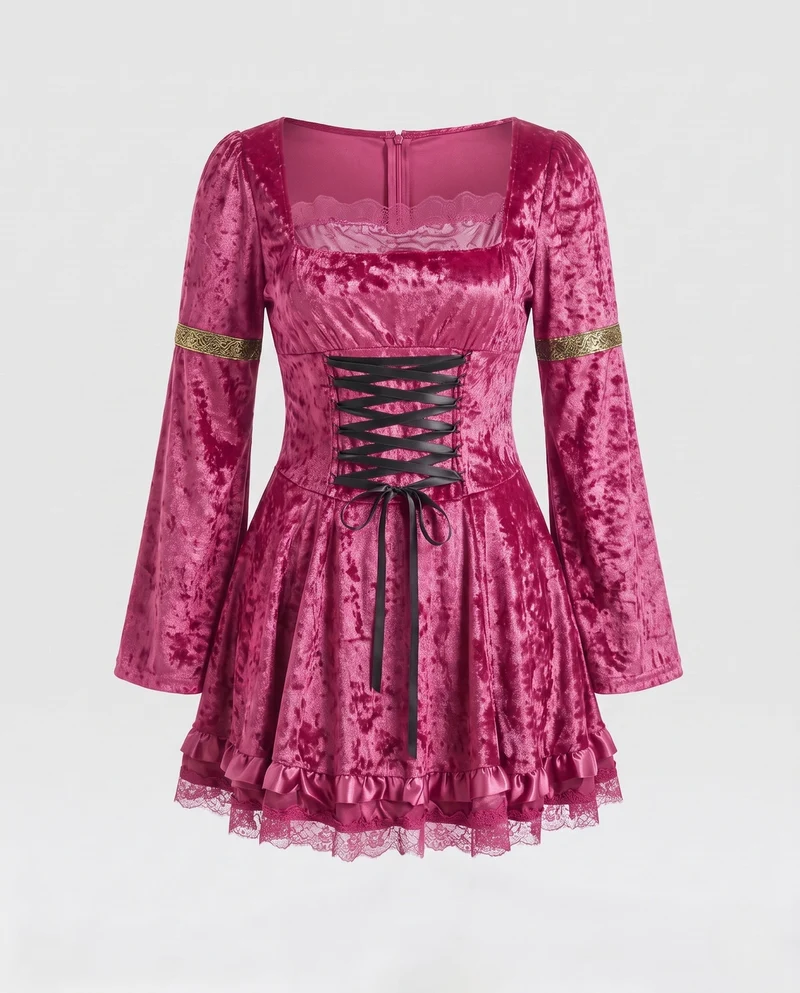 Damen Kostümkleid mit Spitzenverzierungen und weiten Ärmeln Drune