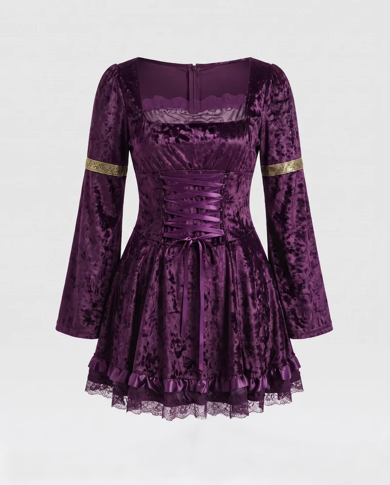 Damen Kostümkleid mit Spitzenverzierungen und weiten Ärmeln Drune