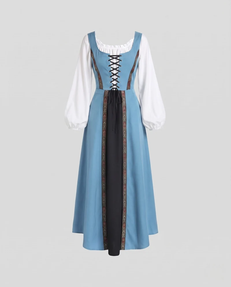 Damen Langarm Kleid mit detailreicher Schnürung und floralen Akzenten Drune