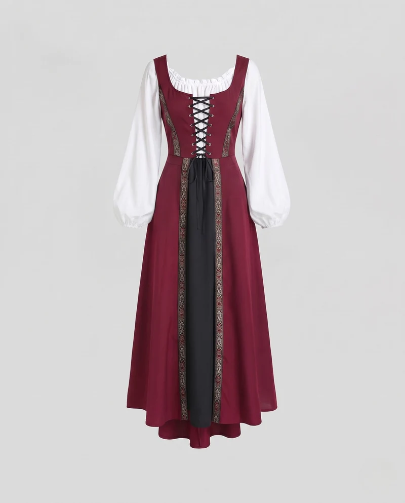 Damen Langarm Kleid mit detailreicher Schnürung und floralen Akzenten Drune