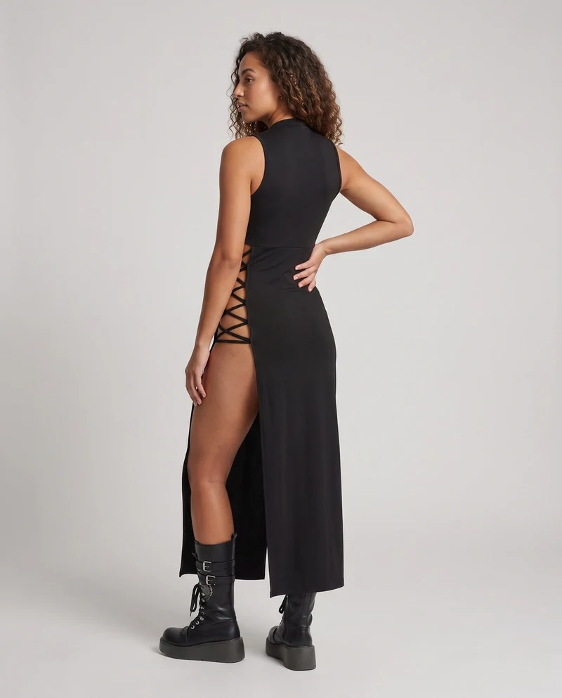 Damen Langes cut-out Kleid mit seitlichen Schnüren Drune