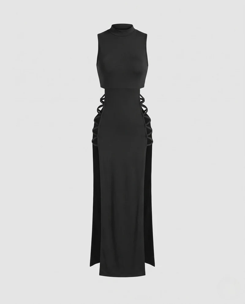 Damen Langes cut-out Kleid mit seitlichen Schnüren Drune