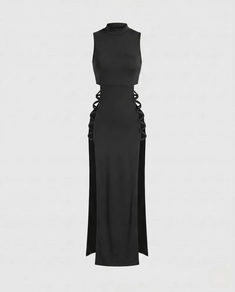Damen Langes cut-out Kleid mit seitlichen Schnüren Drune