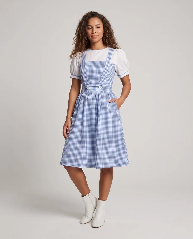 Damen Latzkleid im klassischen Karomuster mit knöpfbarem Oberteil Drune