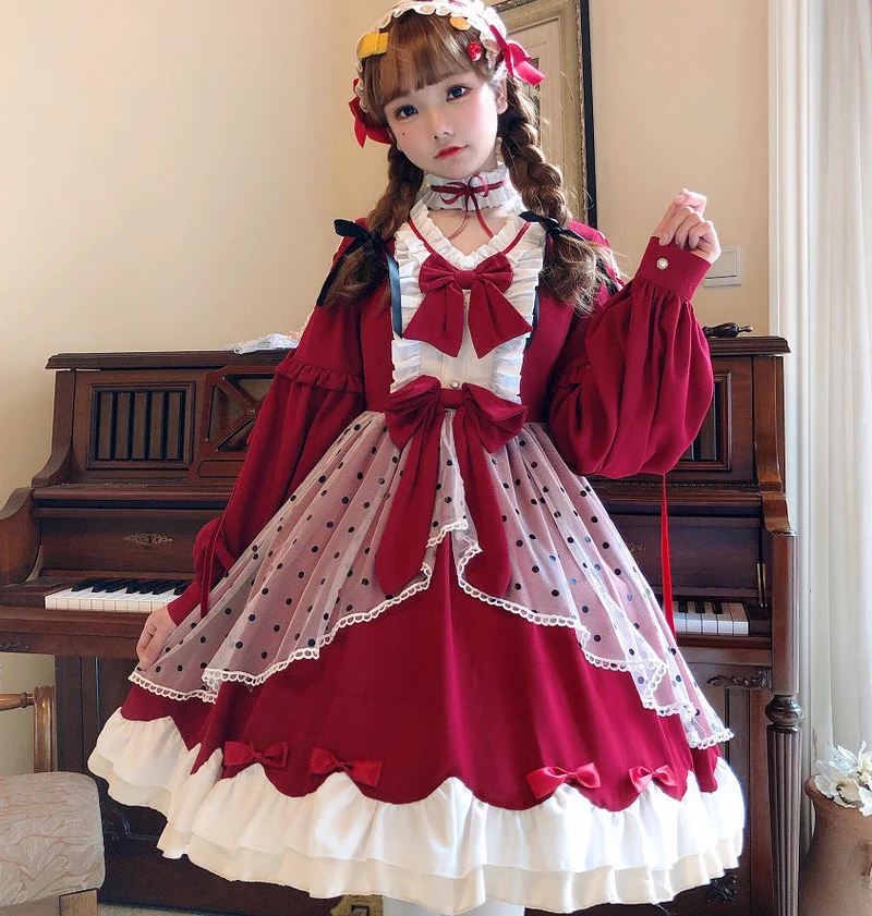 Damen Lolita-Kleid mit ausgefallenen Rüschendetails und Schleifen Drune