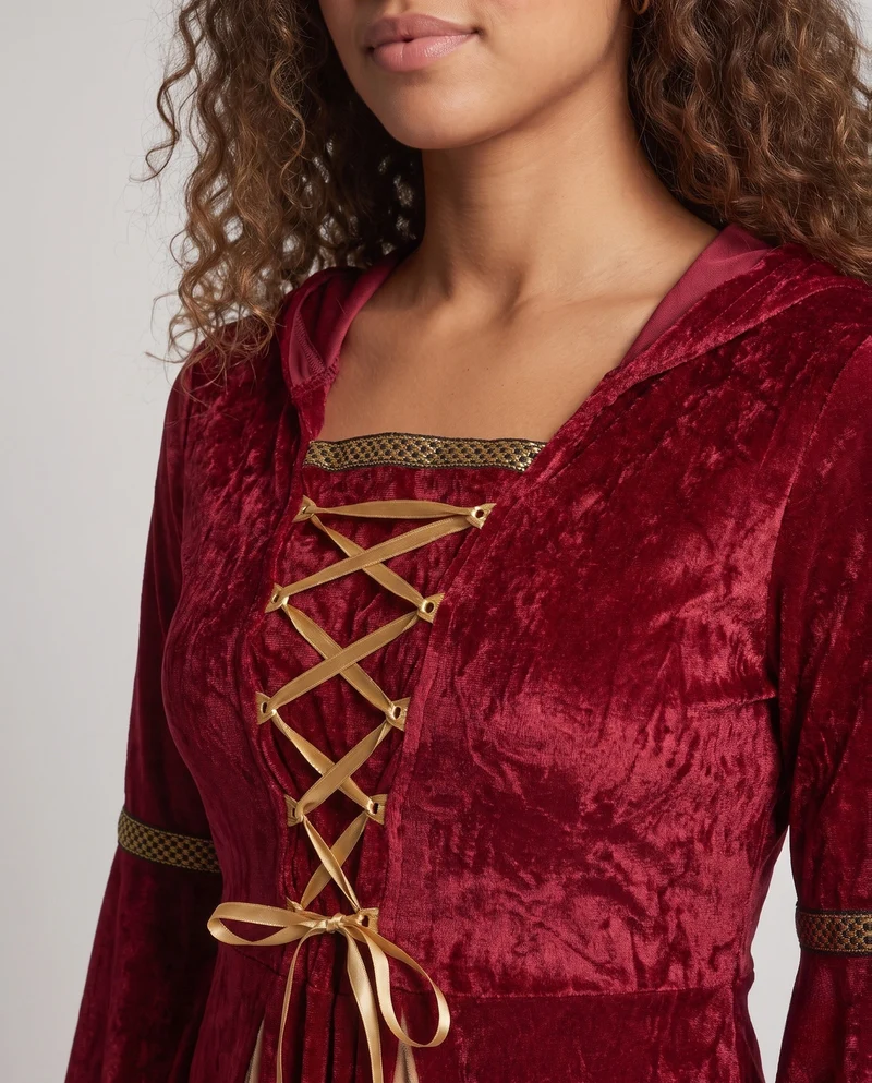 Damen märchenhaftes Kostümkleid mit Kapuze und weiten Ärmeln Drune