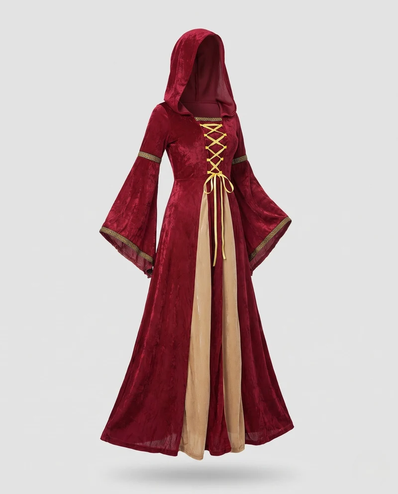 Damen märchenhaftes Kostümkleid mit Kapuze und weiten Ärmeln Drune