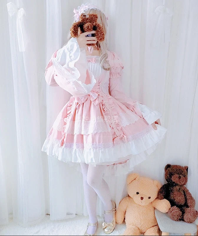 Damen verspieltes Lolita Kleid mit aufwendigen Spitzen- und Rüschendetails Drune