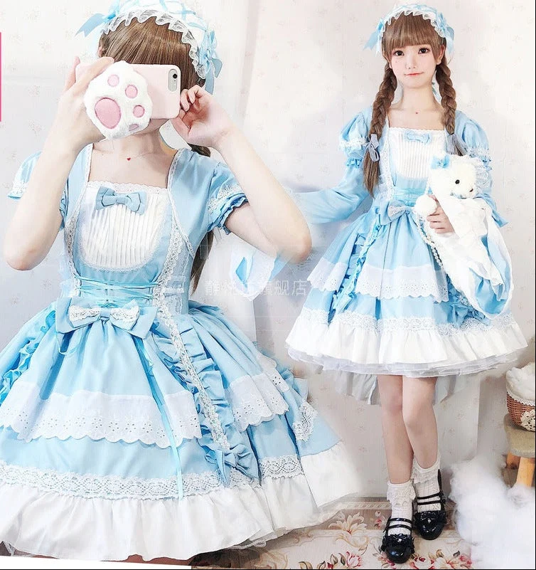 Damen verspieltes Lolita Kleid mit aufwendigen Spitzen- und Rüschendetails Drune