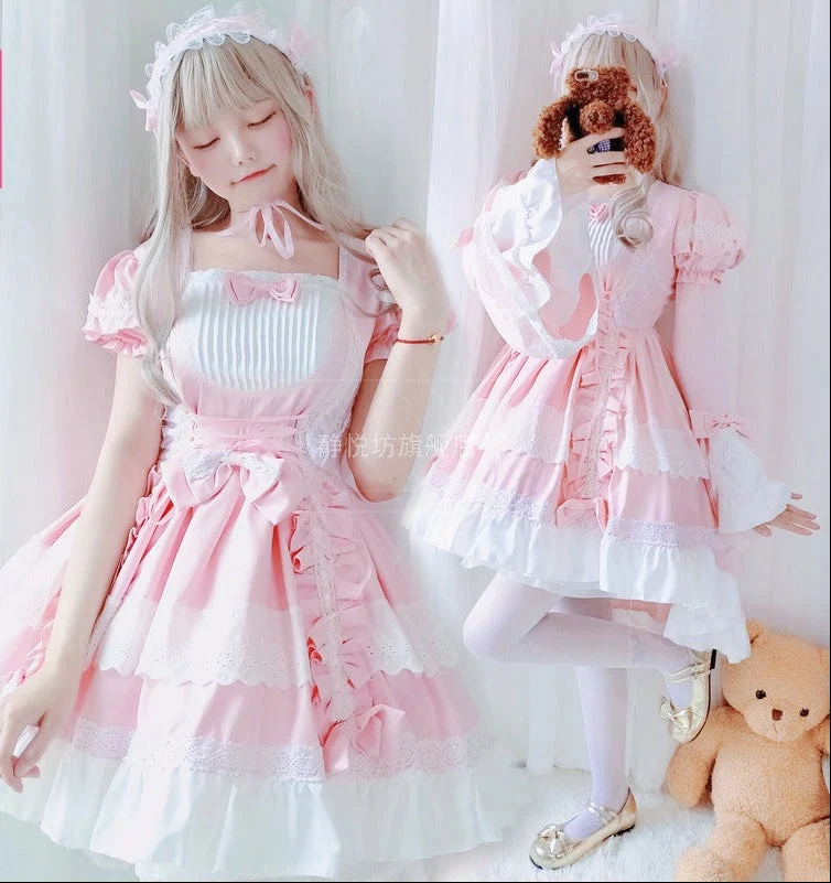Damen verspieltes Lolita Kleid mit aufwendigen Spitzen- und Rüschendetails Drune