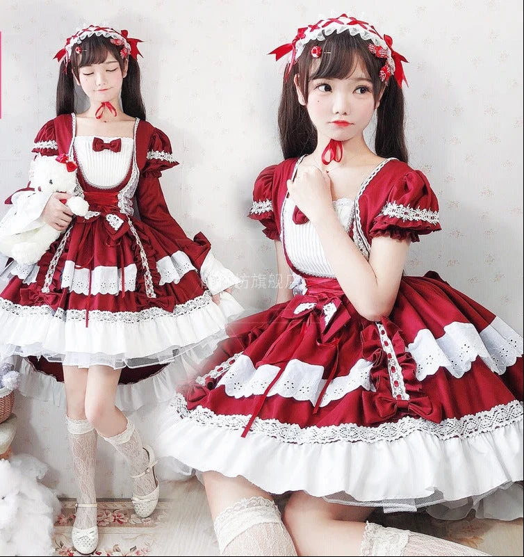 Damen verspieltes Lolita Kleid mit aufwendigen Spitzen- und Rüschendetails Drune